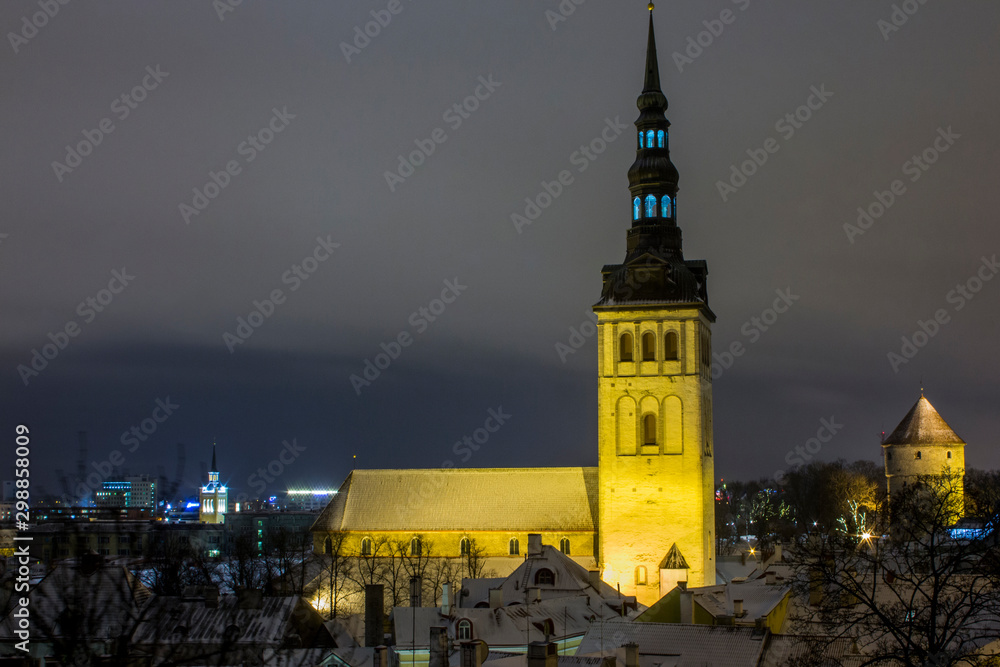 Night view of St. Olaf’s Church in Tallinn. Estonia