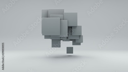 3D rendering of a set of white cubes on a white background. Cubes are arranged randomly  different sizes. Image for abstract and futuristic compositions  the idea of chaos and order.