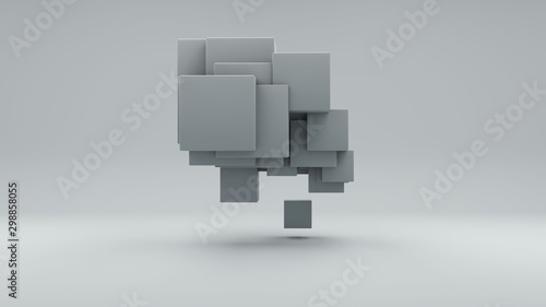 3D rendering of a set of white cubes on a white background. Cubes are arranged randomly, different sizes. Image for abstract and futuristic compositions, the idea of chaos and order.