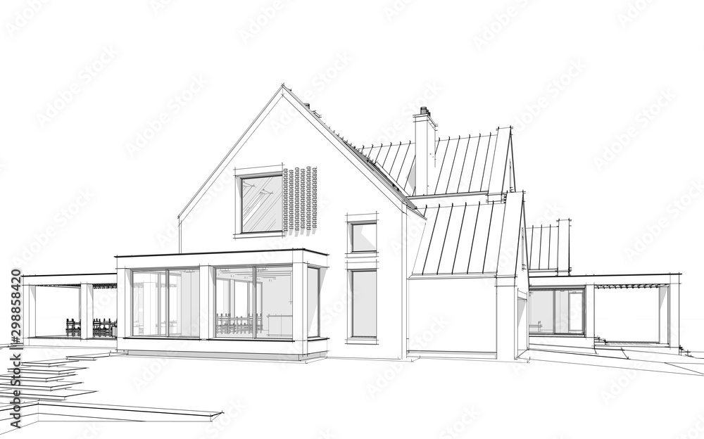 3d rendering of modern cozy clinker house on the ponds with garage and pool for sale or rent. Black line sketch with soft light shadows on white background