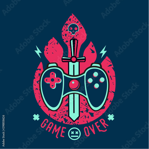 Video games vector illustration with gamepad and sword. Game over slogan. Vintage print for t-short. Cyber sport team emblem.