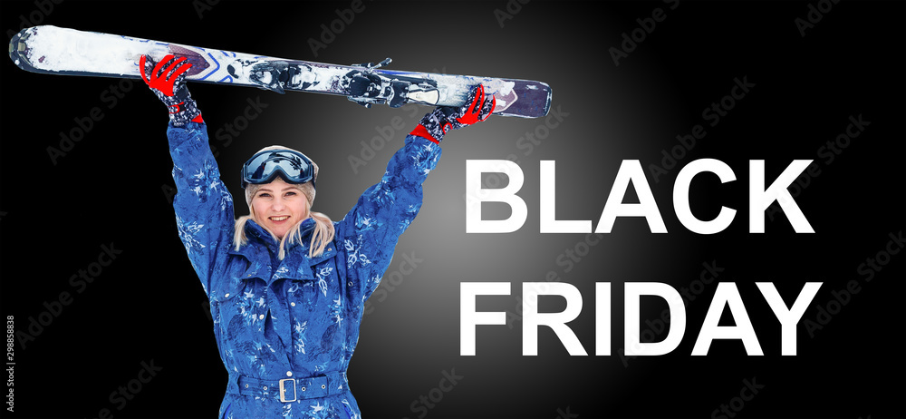 Black friday sale concept. Shopping woman ski isolated on dark background  in holiday Stock Photo | Adobe Stock