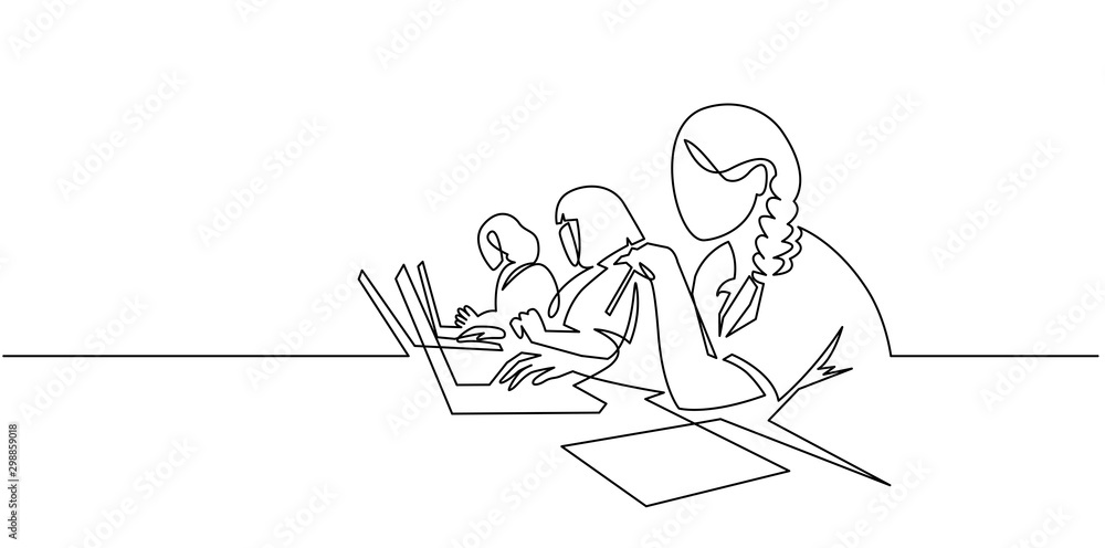 Group of people working continuous one line vector drawing. Students preparing to exams Group of people working continuous one line vector drawing. Students preparing to exams