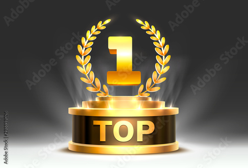 Top 1 best podium award sign, golden object.