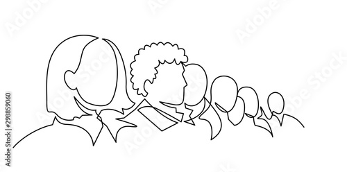 Group of people continuous one line vector drawing. Crowd standing at concert, meeting.