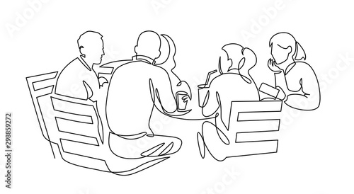 Business team meeting continuous line drawing. Friends in cafe contour vector illustration.