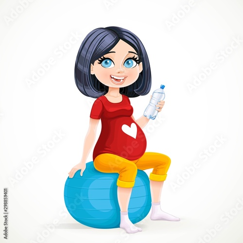 Cute brunette pregnant woman on a long gestation sitting on blue fitball holding water in bottle isolated on a white background