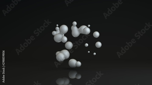 3D rendering of luminous droplets on a black background. Drops of white liquid in space and weightlessness merge with each other. Abstract, futuristic design isolated on black, reflective background.