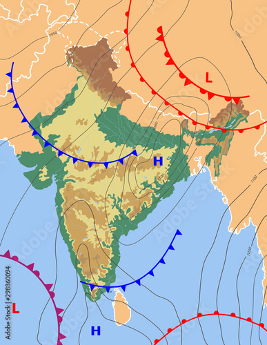 Realistic weather map of the India showing isobars and weather fronts. Meteorological forecast. Topography and physical map of India. Vector illustration. EPS 10