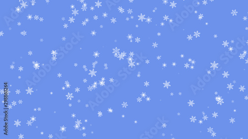 White snowflakes on a blue background fly. winter background. Lots of snowflakes in flat style.