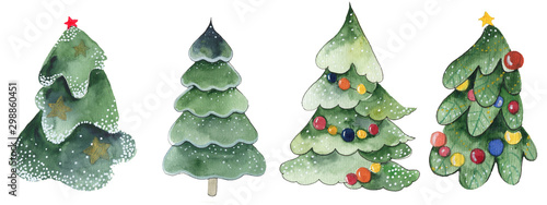 .Set of four watercolor christmas trees. Christmas composition of pines, green garlands..Set of four watercolor christmas trees. Christmas composition of pines, green garlands.