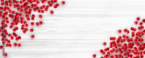 Christmas red holly berry on white wooden background