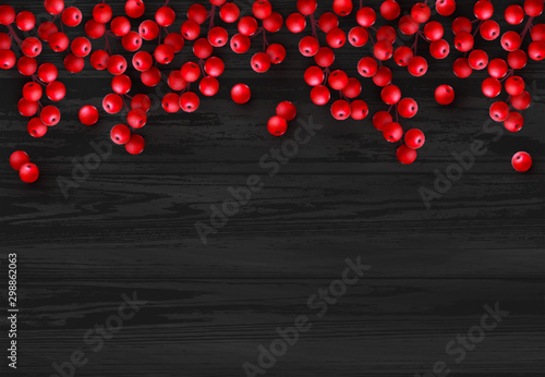 Christmas red holly berry on black wooden background