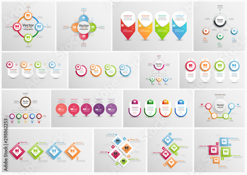 Big collection of colorful infographic.      Can be used for workflow layout, diagram, number options, web design. Infographic business concept with options, parts, steps or processes. Vector Eps 10