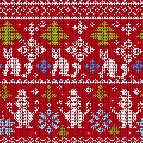 Seamless vector pattern with knitted elements on a Christmas theme on a red background.