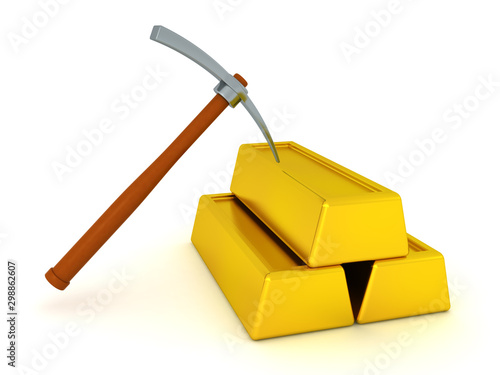 3D Rendering of pick axe and gold bars photo