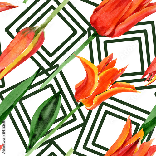 Orange tulip floral botanical flowers. Watercolor background illustration set. Seamless background pattern. #298862658