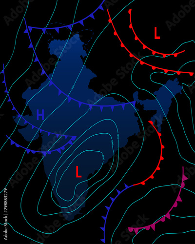 Weather map of the India. Meteorological forecast on a dark background. Editable vector illustration of a generic weather map showing isobars and weather fronts. EPS 10