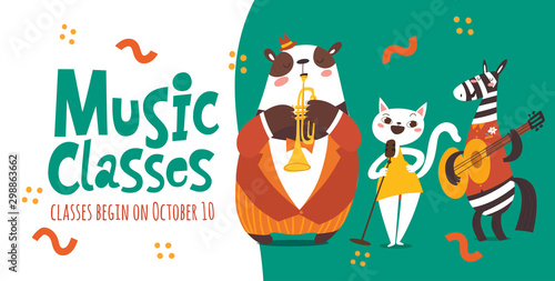 Vector music classes advertisement flyer design with cute animals playing music