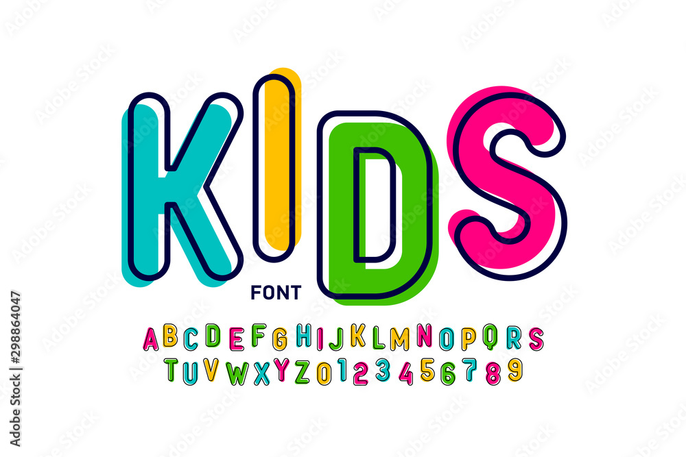 Kids style colorful font, playful alphabet letters and numbers Stock ...