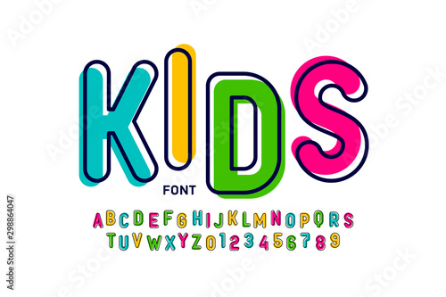 Kids style colorful font, playful alphabet letters and numbers 