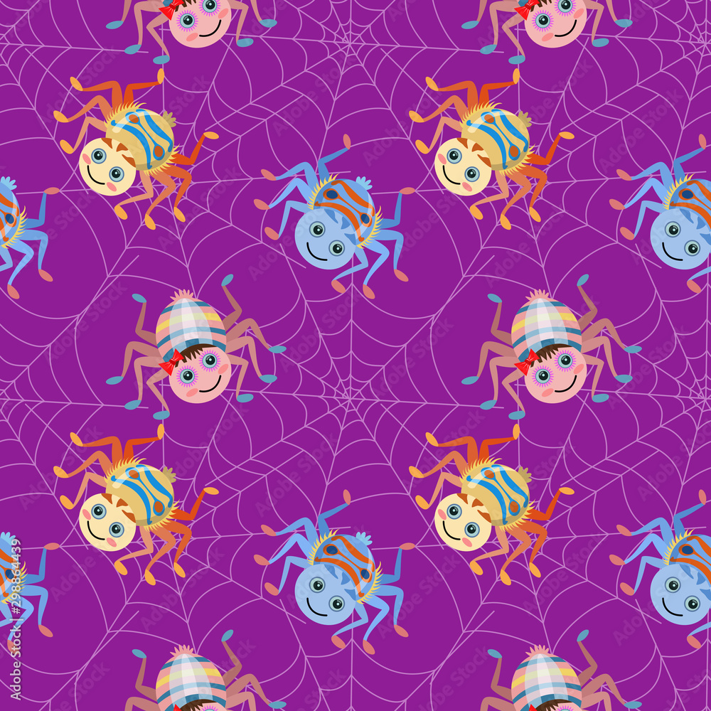Cute spider and web on purple background seamless pattern. Cute spider and web on purple background seamless pattern.