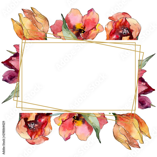 Red tulip floral botanical flower. Watercolor background illustration set. Frame border ornament square.
