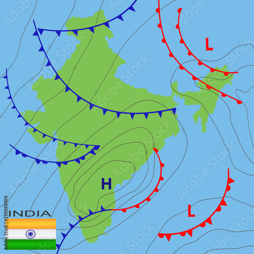 Weather map of the India. Realistic synoptic map of the India showing isobars and weather fronts. Meteorological forecast. Topography and physical map of country with national flag. Vector EPS 10