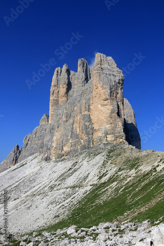 The first of the Three peaks of Lavaredo from the Forcella Lavaredo.