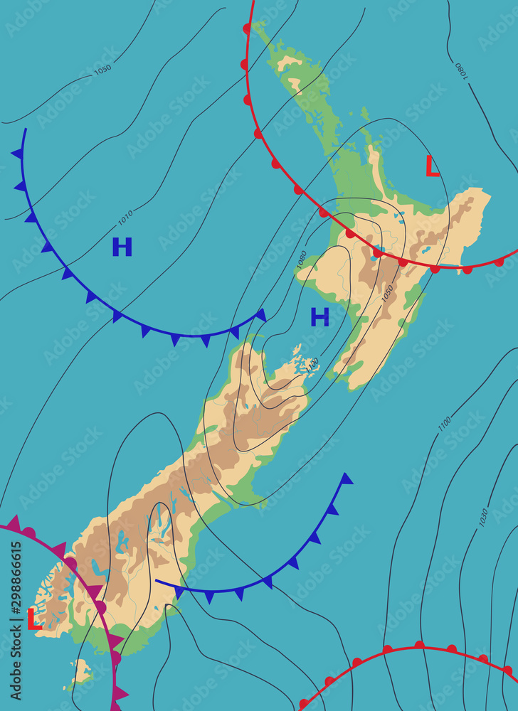 Realistic weather map of the New Zealand showing isobars and weather