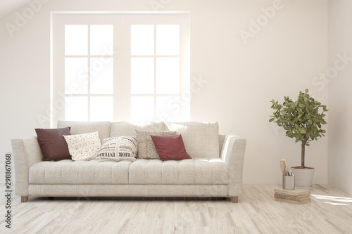 Stylish room in white color with sofa and home plant. Scandinavian interior design. 3D illustration