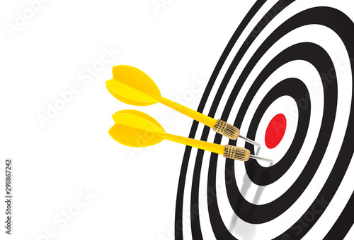 Canvas Print Yellow darts miss the target on white background, close up, do not miss the best