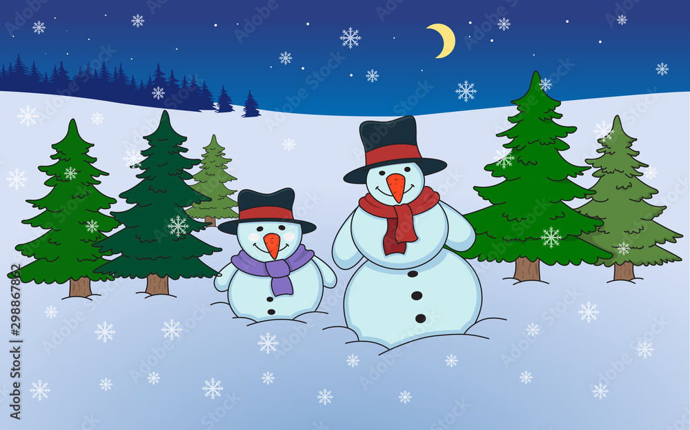 Two snowman and snowfall with landscape and moon. Vector illustration