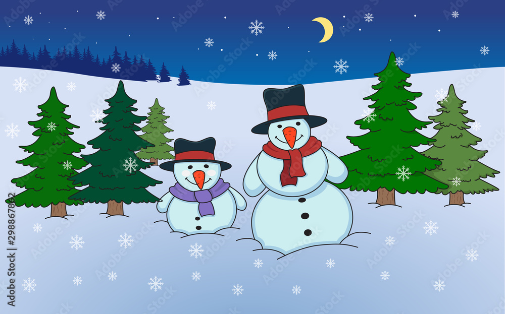 Two snowman and snowfall with landscape and moon. Vector illustration Two snowman and snowfall with landscape and moon. Vector illustration