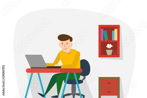 Young man working with laptop. Vector Template Design Illustration