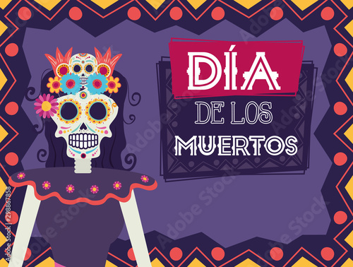 dia de los muertos card with catrina skull character