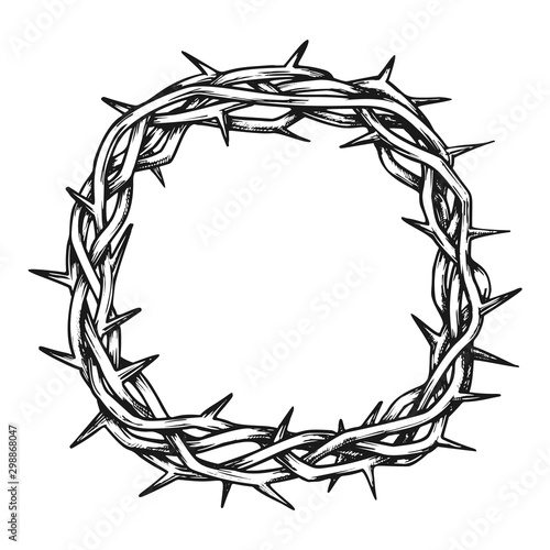 Crown Of Thorns Jesus Christ Top View Ink Vector. Christianity Religion Symbol Branches Of Thorns Woven. Engraving Concept Template Hand Drawn In Vintage Style Black And White Illustration