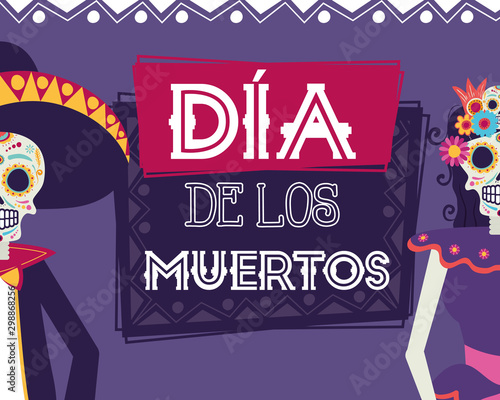 dia de los muertos card with catrina and marichi skulls