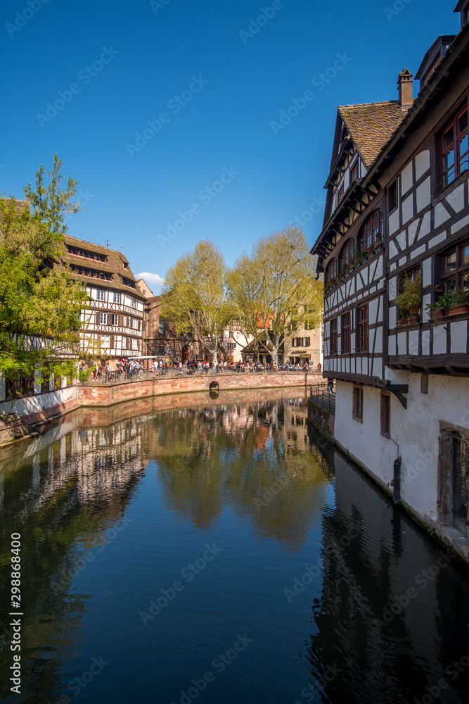 Traditional half-timbered houses in La Petite France in the medieval fairytale town of Strasbourg, Alsace, France