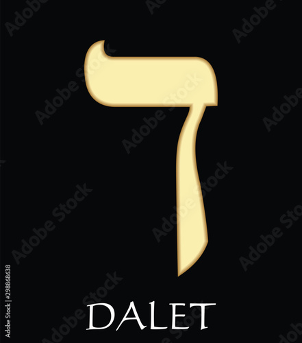 Hebrew letter dalet, fourth letter of hebrew alphabet, meaning is door, gold design on black background, vector alefbet