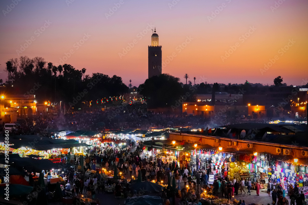 The famous Jemaa el-Fna square of Marrakesh medina during the sunset in morocco
