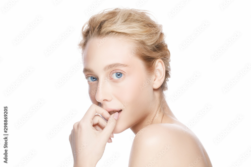 Beauty woman face with blue eyes and blond hair looking at camera, isolated on white background. Beautiful model girl with perfect clean fresh skin. Skin care or cosmetic ads concept. Beauty woman face with blue eyes and blond hair looking at camera, isolated on white background. Beautiful model girl with perfect clean fresh skin. Skin care or cosmetic ads concept.