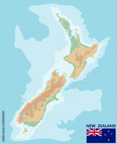 New Zealand. Vector geographic map of the New Zealand. Large detailed topographic map with contours, rivers, lakes, mountains. Physical map with national flag. Vector illustration