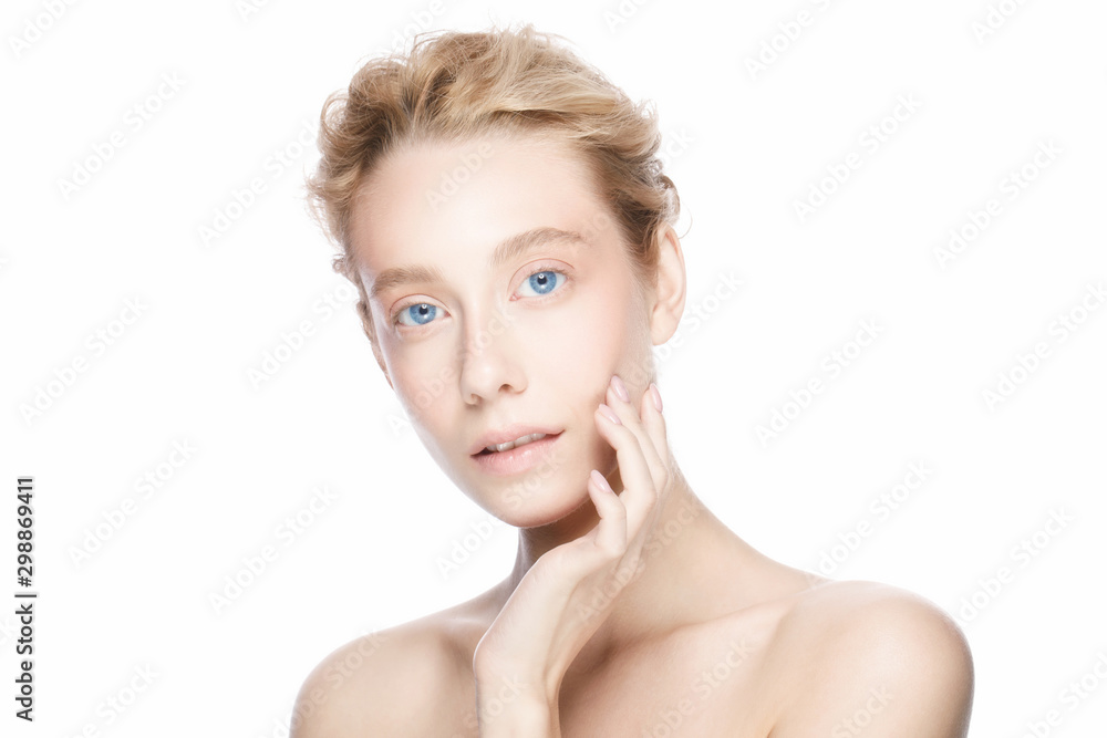 Beauty woman face with blue eyes and blond hair looking at camera, isolated on white background. Beautiful model girl with perfect clean fresh skin. Skin care treatment or cosmetic ads concept. Beauty woman face with blue eyes and blond hair looking at camera, isolated on white background. Beautiful model girl with perfect clean fresh skin. Skin care treatment or cosmetic ads concept.