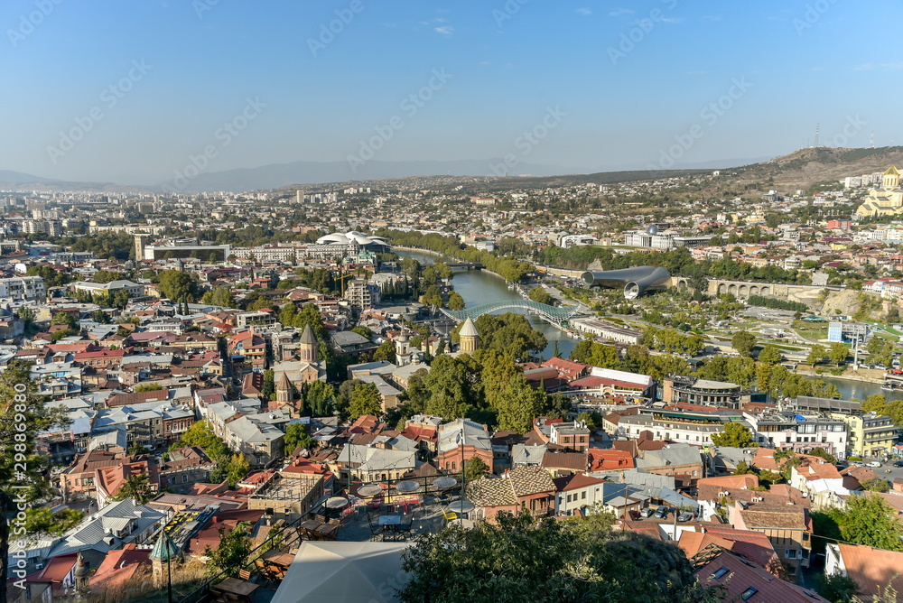 Old Tbilisi, Tbilisi, Georgia, October 17, 2019, Arial view of Tbilisi from Medieval castle of Narikala and Tbilisi city overview, Republic of Georgia, Caucasus region