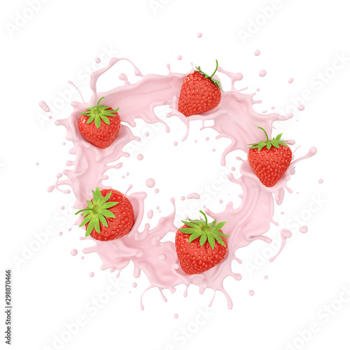 Strawberry and milk or fruit yogurt splash cream, include Clipping path, 3d rendering. photo