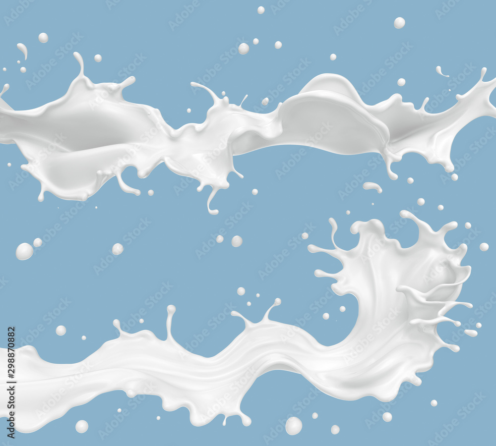 milk or yogurt splash isolated on blue background, 3d rendering Include clipping path.