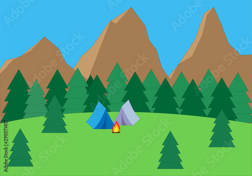 Paisaje de montaña con tiendas de campaña.