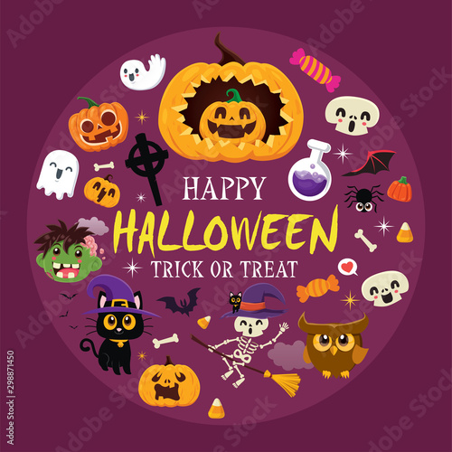 Vintage Halloween poster design with vector demon, witch, zombie, ghost, owl, skeleton, pumpkin, jack o lantern, character set. 