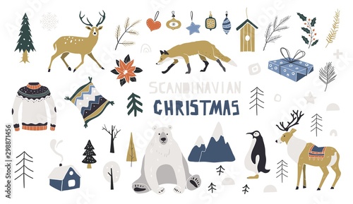 Scandinavian Christmas illustrations. Merry Christmas collection. Vector elements. Northern winter forest, gifts, reindeer, winter clothes, New Year.